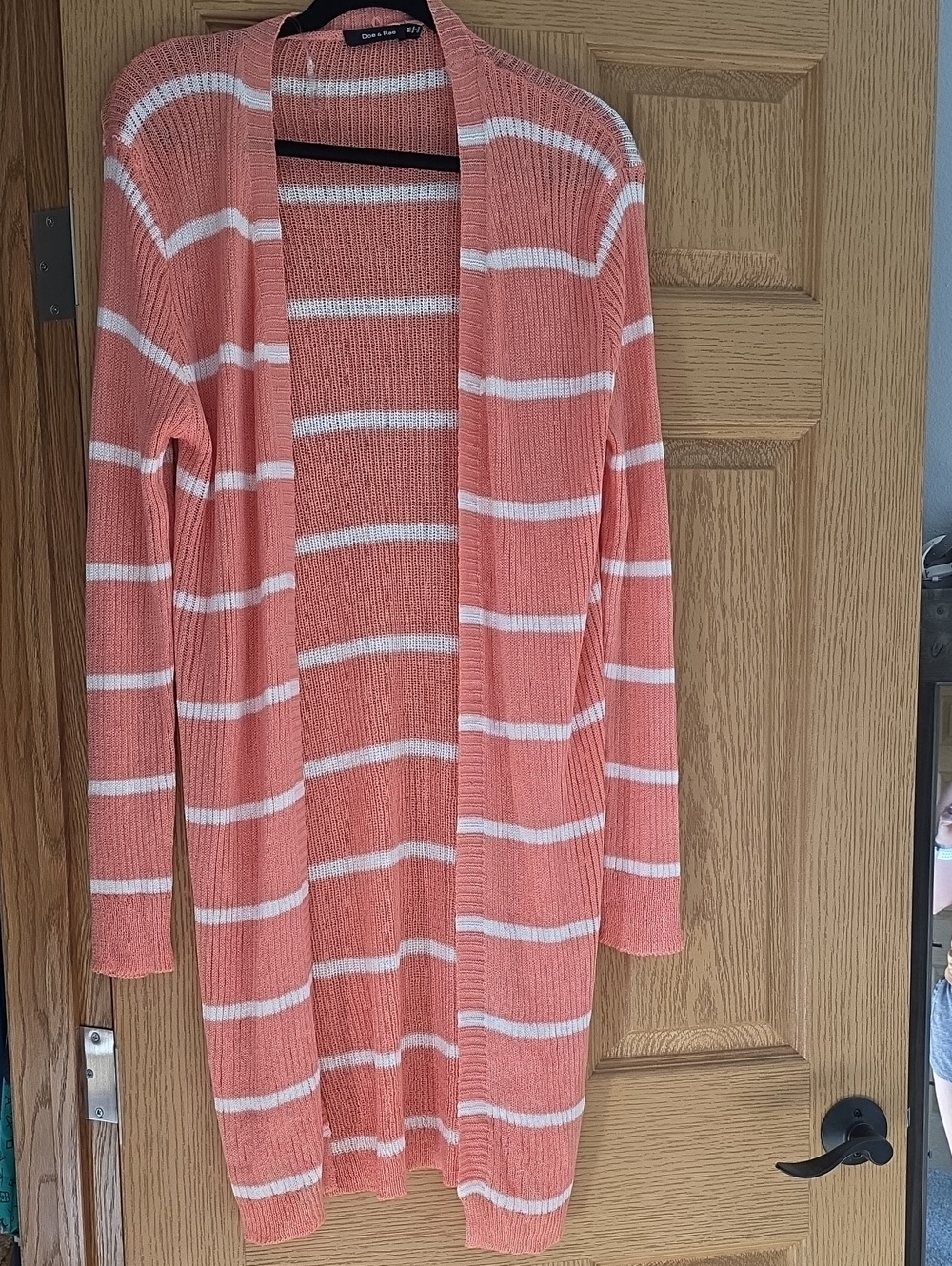 Doe & Rae Coral and White Striped Open Cardigan